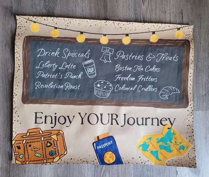 Enjoy Your Journey banner with a chalkboard menu and travel suitcases