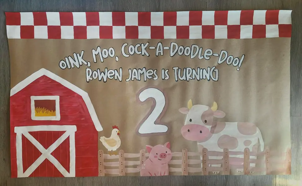 Oink, Moo, Cock-a-Doodle-Doo farm birthday banner