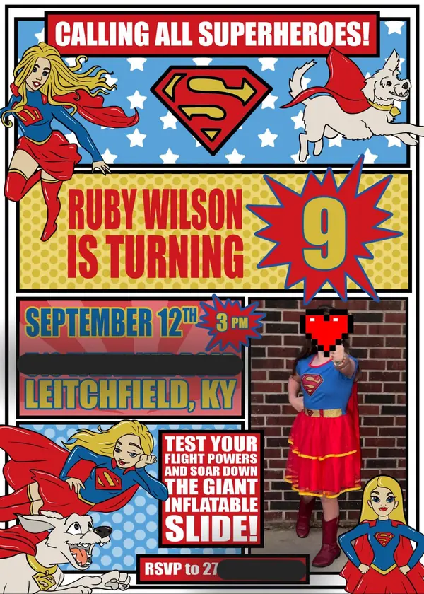 Calling All Superheroes 9th birthday invitation