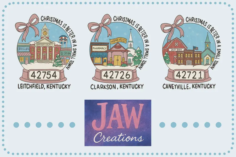 Christmas ornament illustrations of Leitchfield, Clarkson and Caneyville