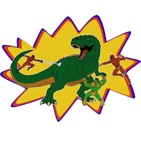 Comic-style illustration of a dinosaur and superheroes