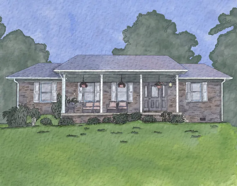 House portrait illustration of a brick ranch home
