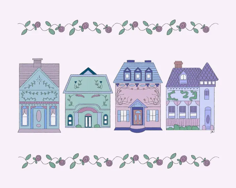 Illustrated row of pastel Victorian houses