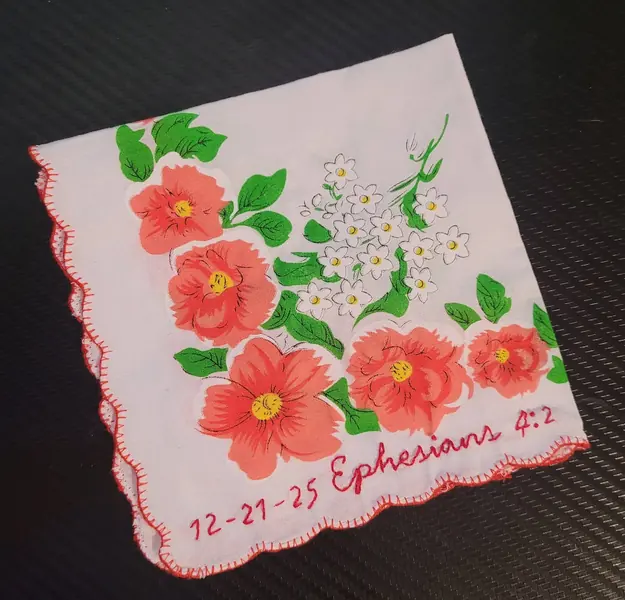 Vintage floral handkerchief embroidered with a wedding date and Ephesians 4:2