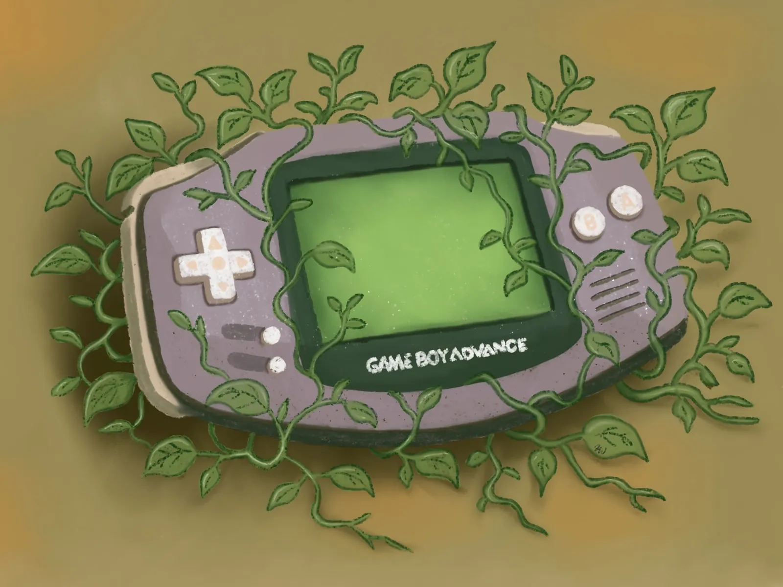 Illustration of a Game Boy Advance wrapped in vines