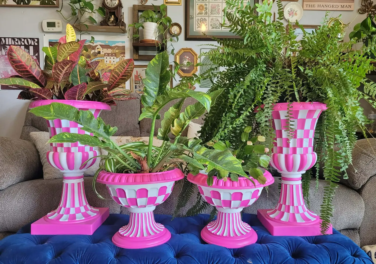 Pink checkered hand-painted planter urns filled with houseplants