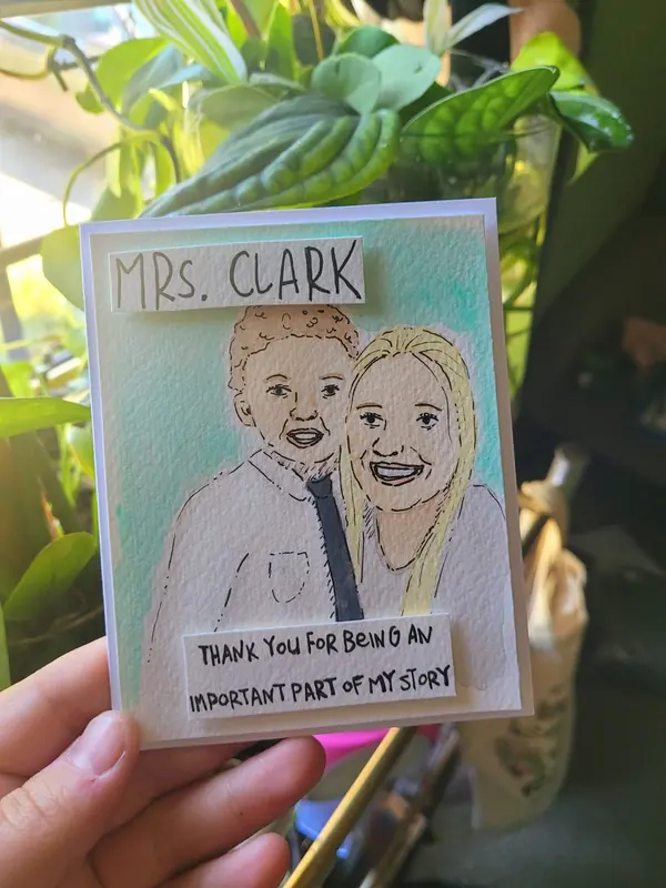 Hand-painted teacher thank-you card with a portrait of teacher and student