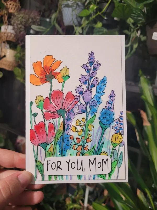 For You, Mom card painted with bright wildflowers