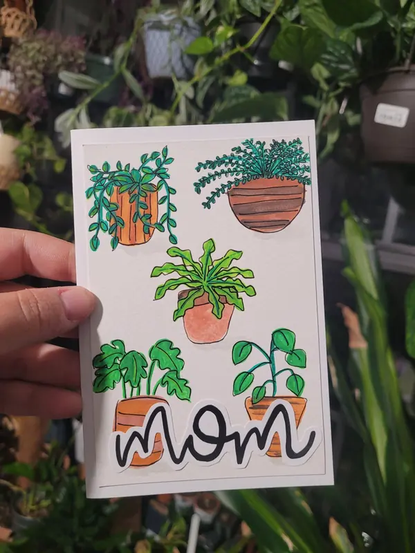 Mom card painted with hanging houseplants